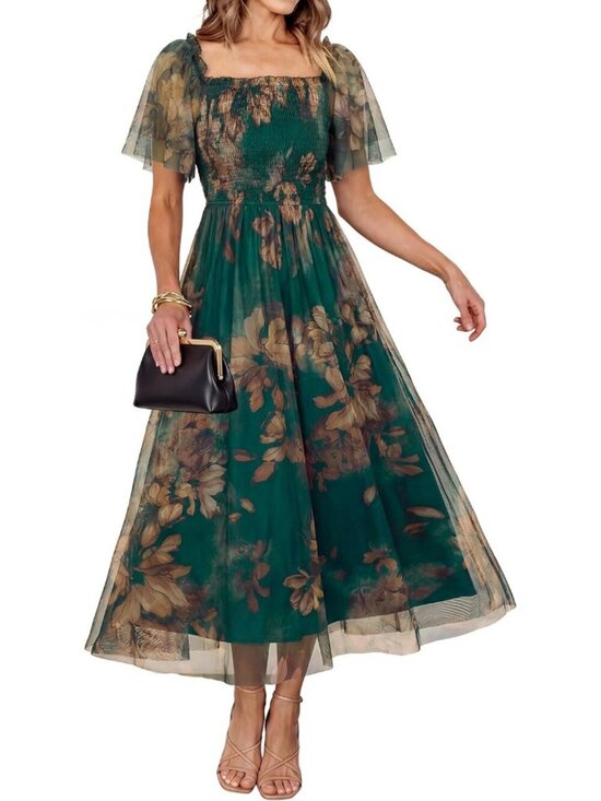 Dresses & Skirts - Women's Floral Green Brown Stylish Square Neck Mesh Smocked Boho Maxi Dress